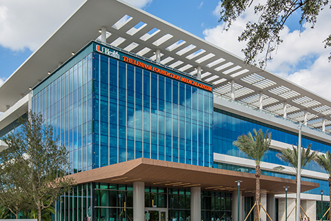 A photo of the Lennar Foundation Medical Center building on the University of Miami Coral Gables campus.