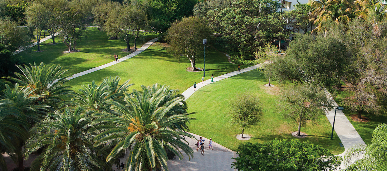 An aerial view of the University of Miami Coral Gables campus.