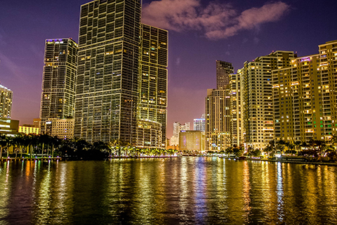 A stock photo of Brickell Key, Miami, Florida at night.