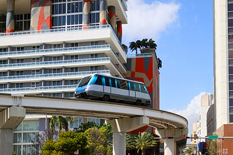 A stock photo of the Metro Mover in Downtown, Miami, Florida.