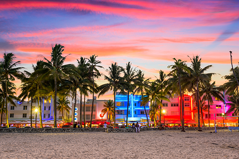 A stock photo of Ocean Drive on South Beach in Miami, Florida.