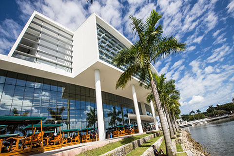 An angled photo of the University of Miami Shalala Student Center on the Coral Gables campus.