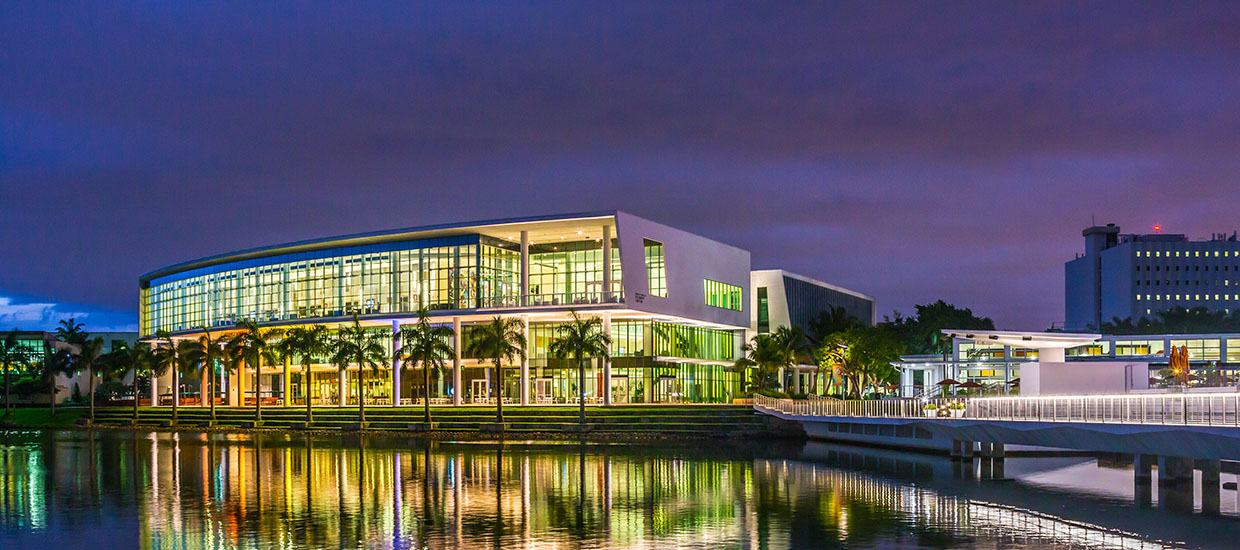 The Shalala Student Center lit up at the University of Miami Coral Gables campus.
