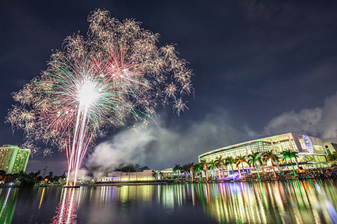 This is an image from University of Miami University Communications. A fireworks display on homecoming night.